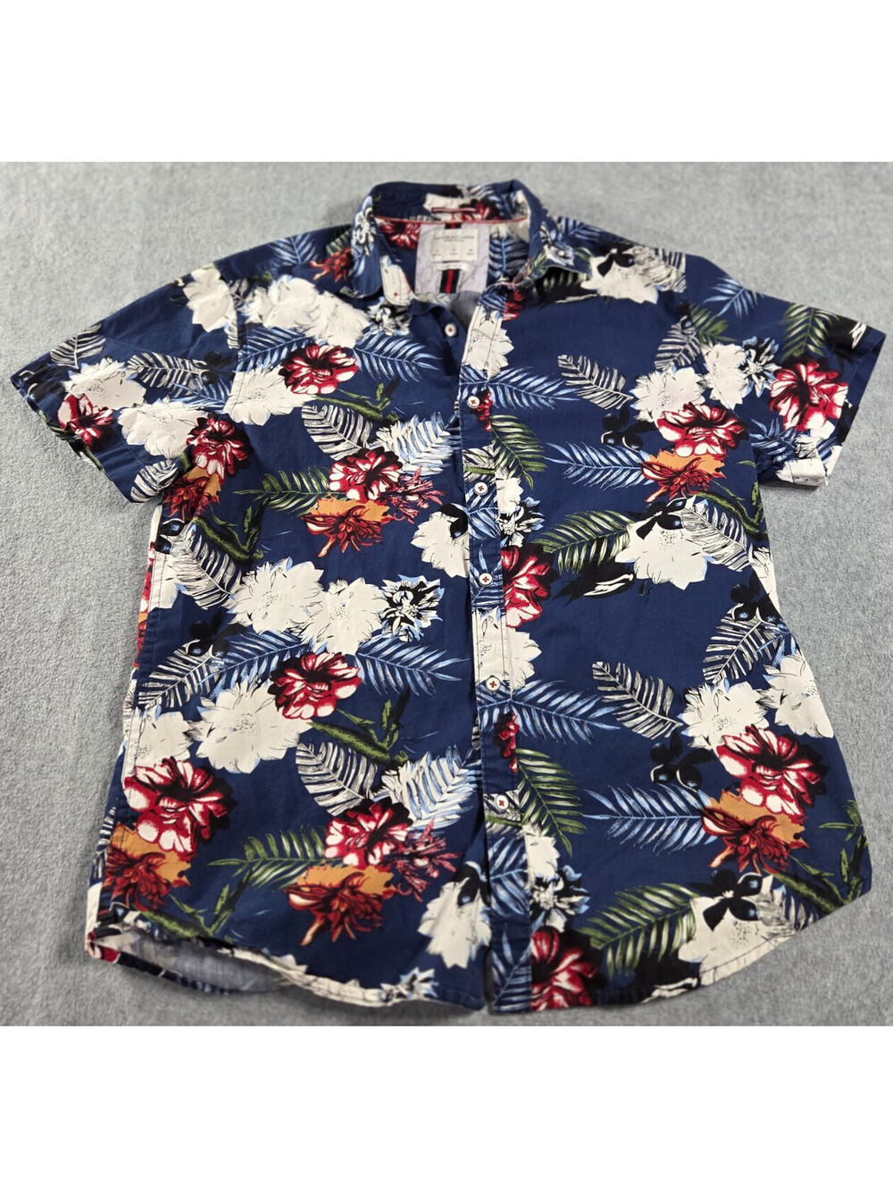 Denim & Flower Ricky Singh Hawaiian Shirt Mens M Blue Floral Tropical Slim Fit